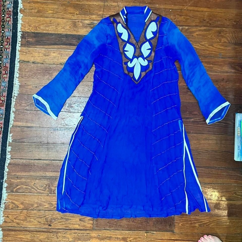 Brilliant SHEER blue sheet tunic with brown detailing‎ SKU:7125